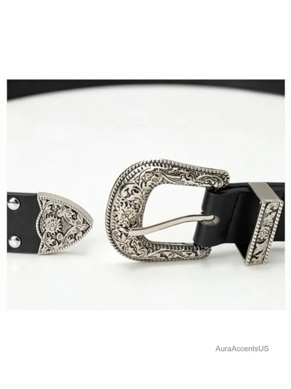 Women PU Leather Western Belt Carved Buckle Rivet Belt